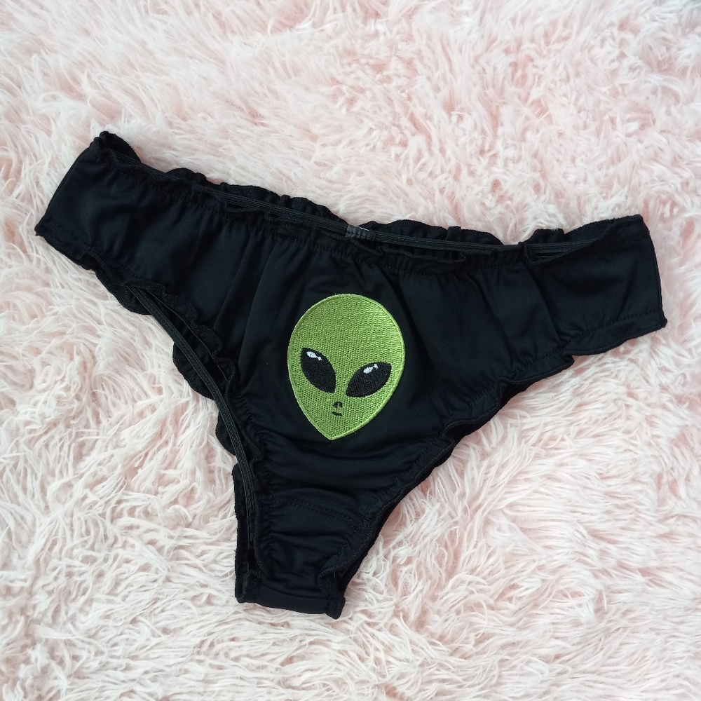 FINAL PRICE Dolls Kill Silky cheeky alien embroidered black ruffle edged panty! - Picture 9 of 9